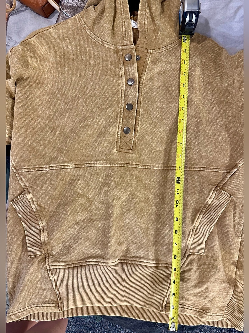 Zenana Outfitters Vintage Washed Mustard Hooded Snap-Placket Pullover - Picture 5 of 6